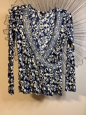 Lucky Brand Top Faux Wrap Navy Cream Size M